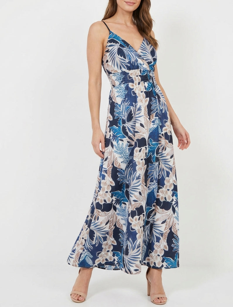 Langes Kleid mit schmalen Trägern und Blattdruck - Marine