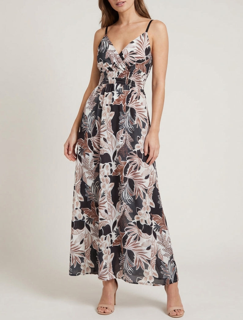 Langes Kleid mit schmalen Trägern und Blattdruck - Schwarz