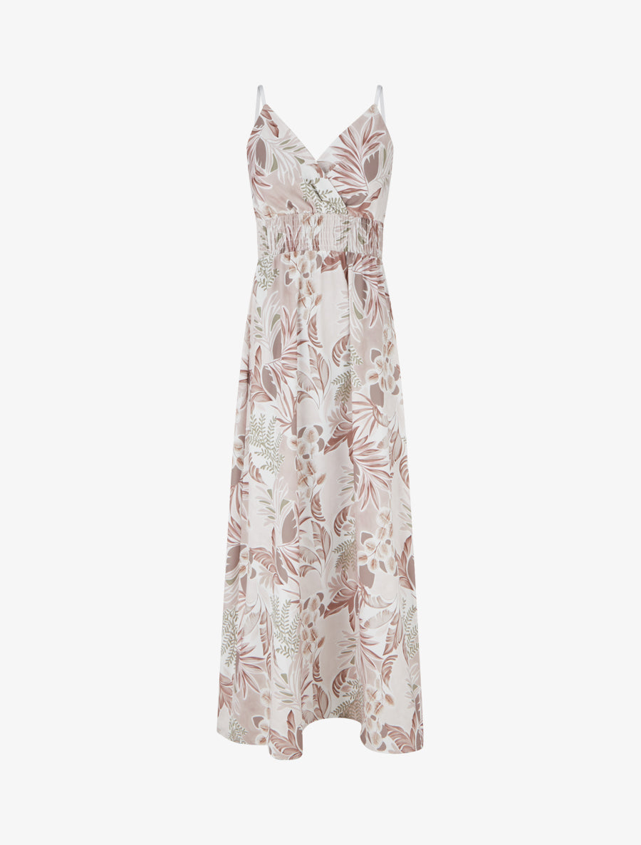 Robe longue à fines bretelles imprimé feuillage - Beige - 1