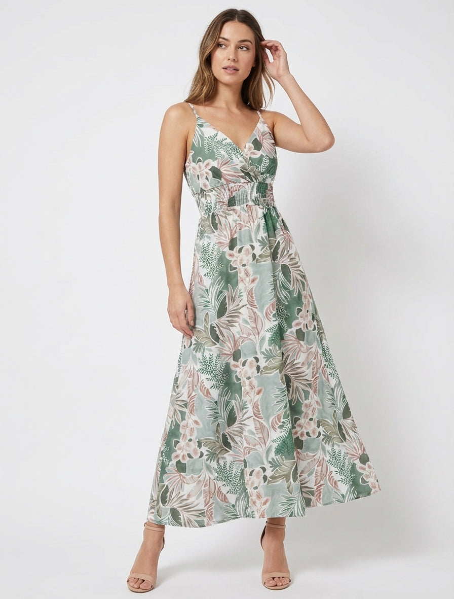 Langes Kleid mit schmalen Trägern und Blattdruck - Kaki