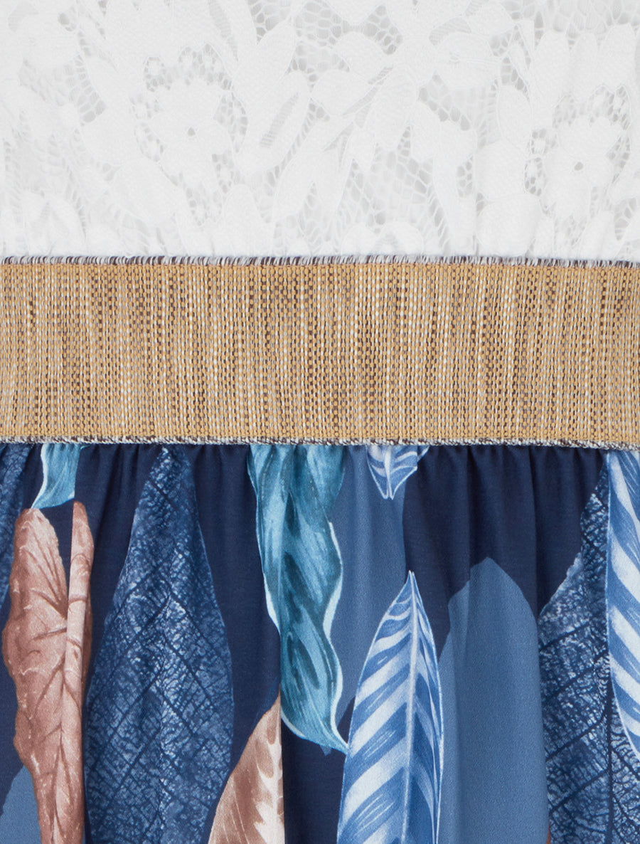 Robe longue à dentelle et imprimé feuilles - Marine - 3