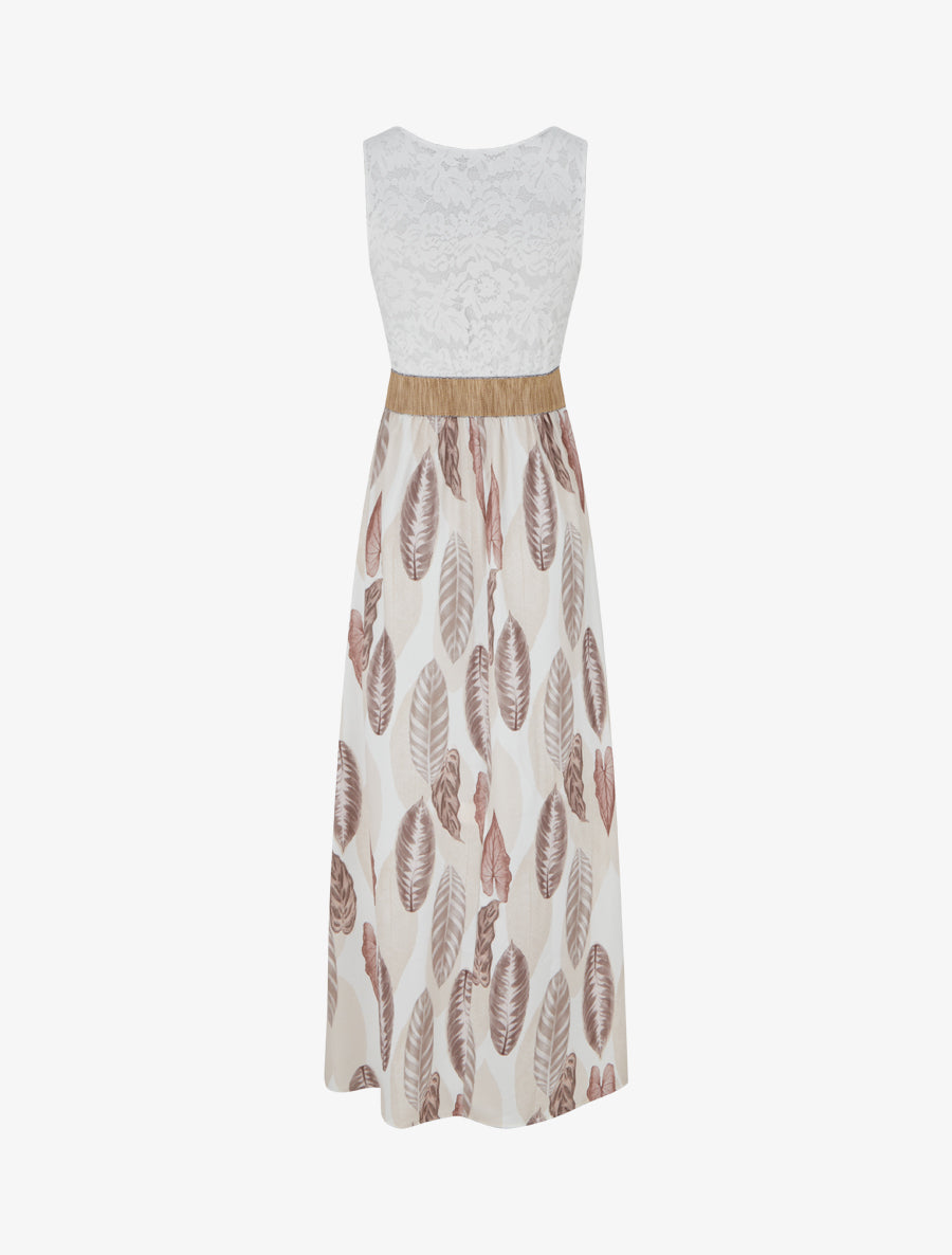 Robe longue à dentelle et imprimé feuilles - Beige - 2