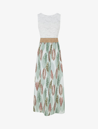 Robe longue à dentelle et imprimé feuilles - Vert amande - 2