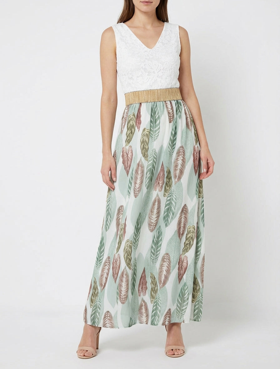 Langes Kleid mit Spitze und Blätterdruck - Mandelgrün