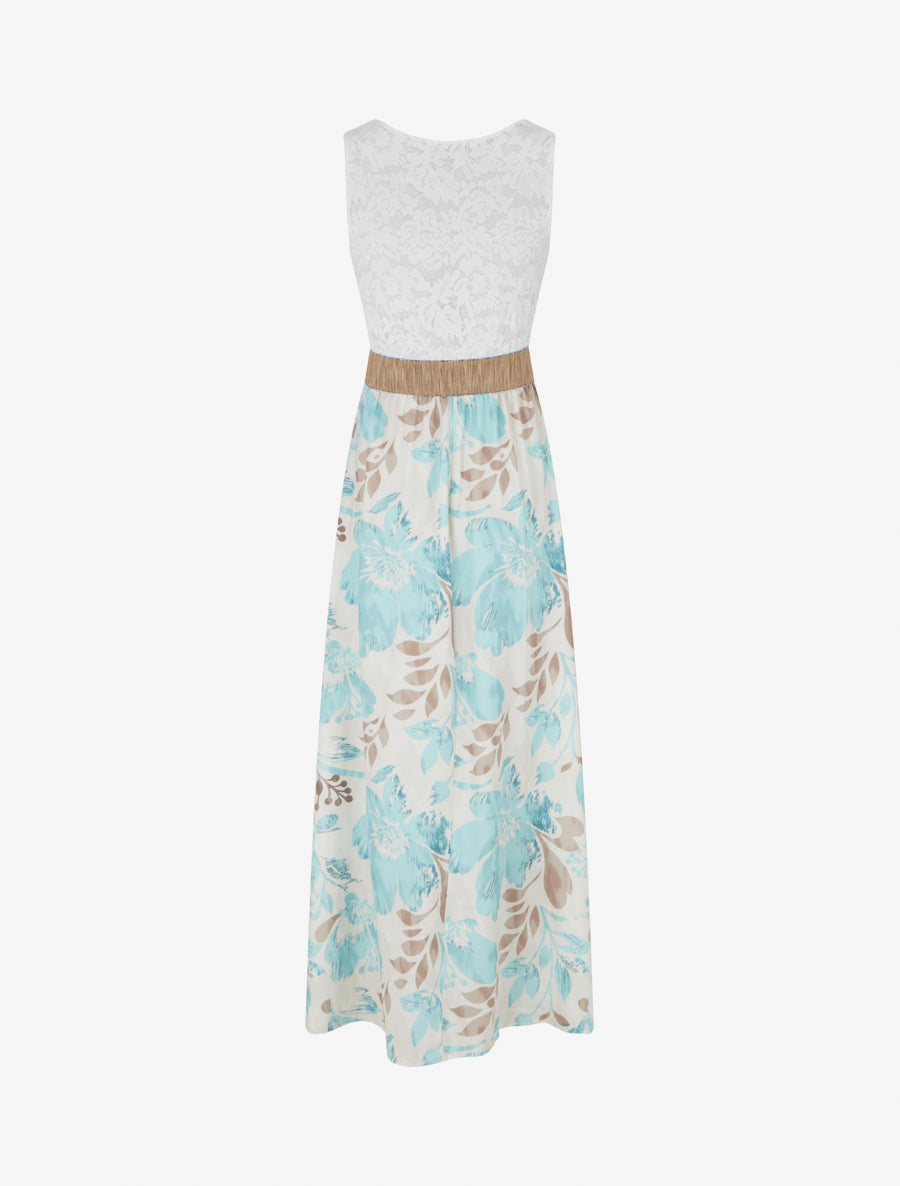 Robe longue à dentelle et imprimé floral - Vert d&