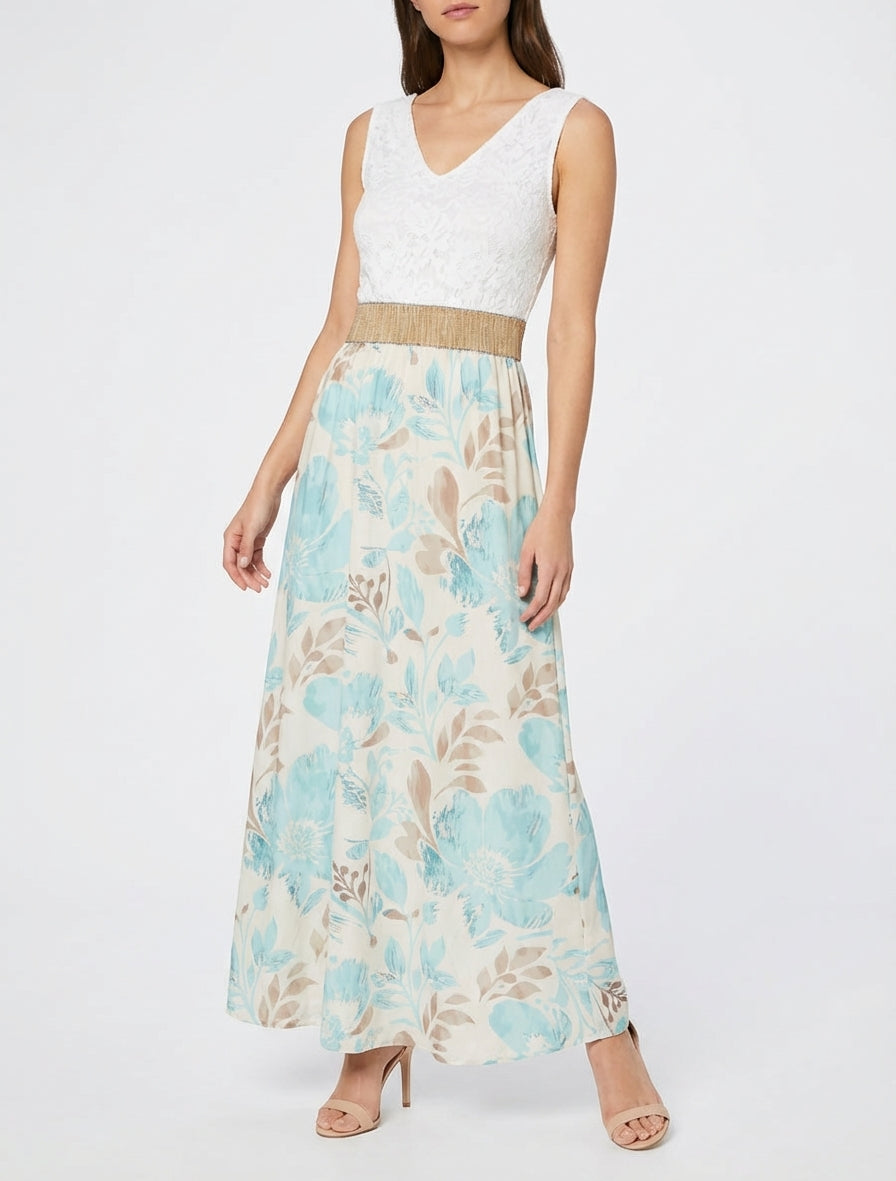 Langes Kleid mit Spitze und Blumenmuster - Wassergrün