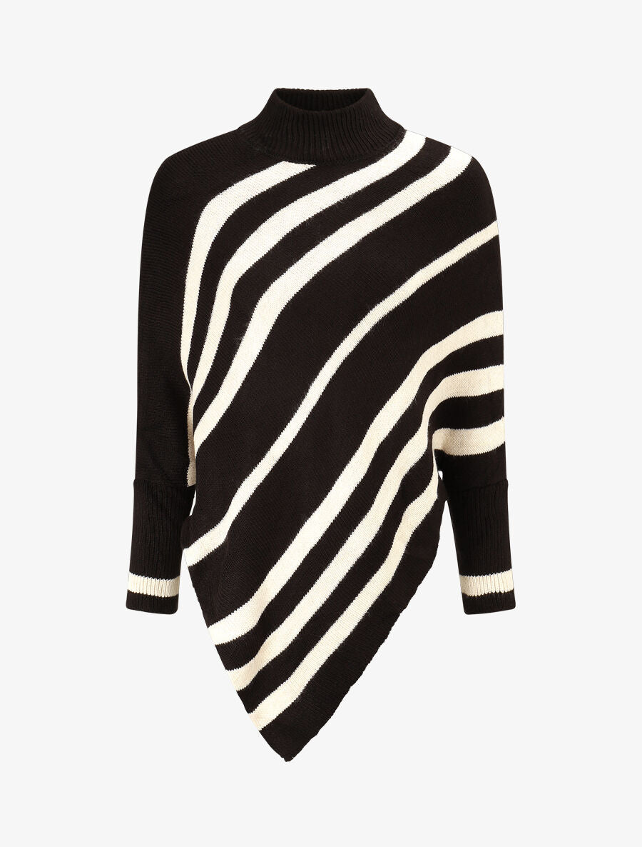 Poncho en maille rayé - Noir - 1