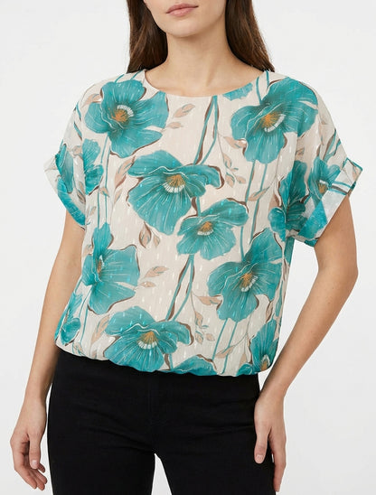 Kurzarm-Top mit Blumenmuster - Türkis