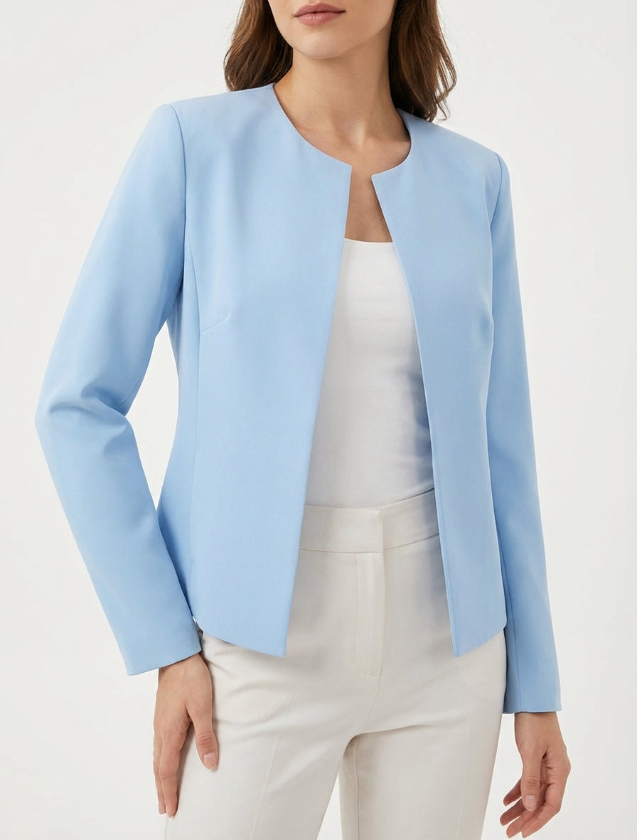 Gerade geschnittener Blazer mit Rundhalsausschnitt und Schulterpolstern. - Himmelblau