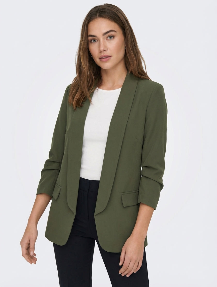 Einfarbiger Blazer mit gerafften Ärmeln - Kaki