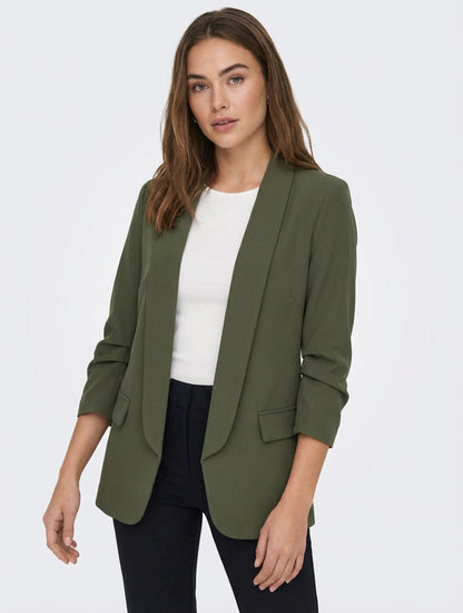 Einfarbiger Blazer mit gerafften Ärmeln - Kaki