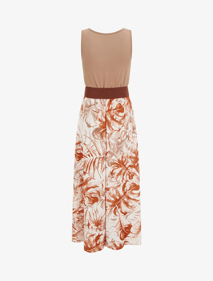 Robe longue à jupe imprimé feuillage - Camel - 2