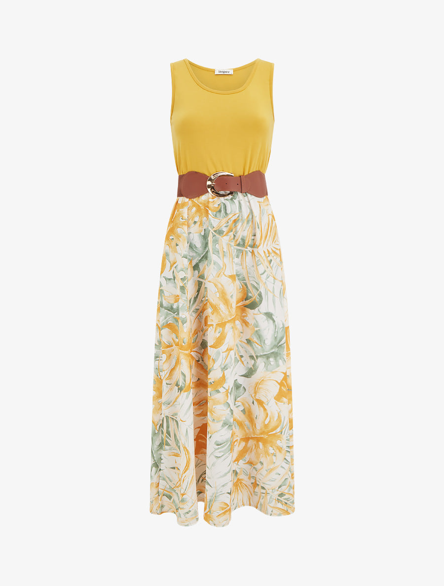 Robe longue à jupe imprimé feuillage - Jaune moutarde - 1