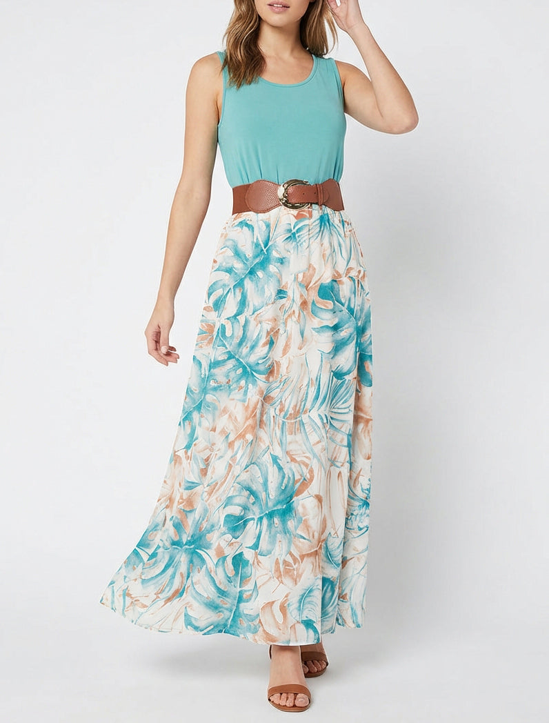Langes Kleid mit Blätterdruckrock - Türkis