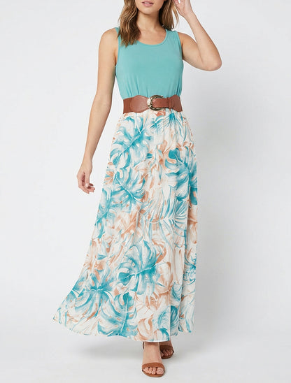 Langes Kleid mit Blätterdruckrock - Türkis