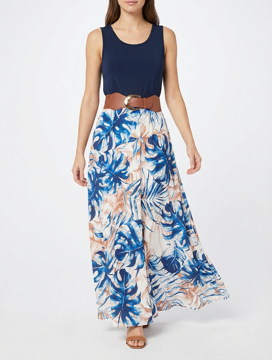 Langes Kleid mit Blätterdruckrock - Marine