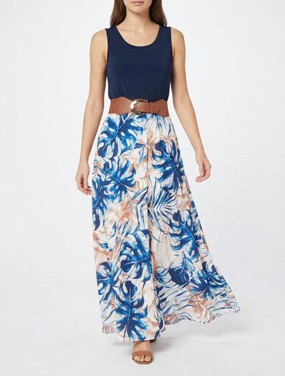 Langes Kleid mit Blätterdruckrock - Marine