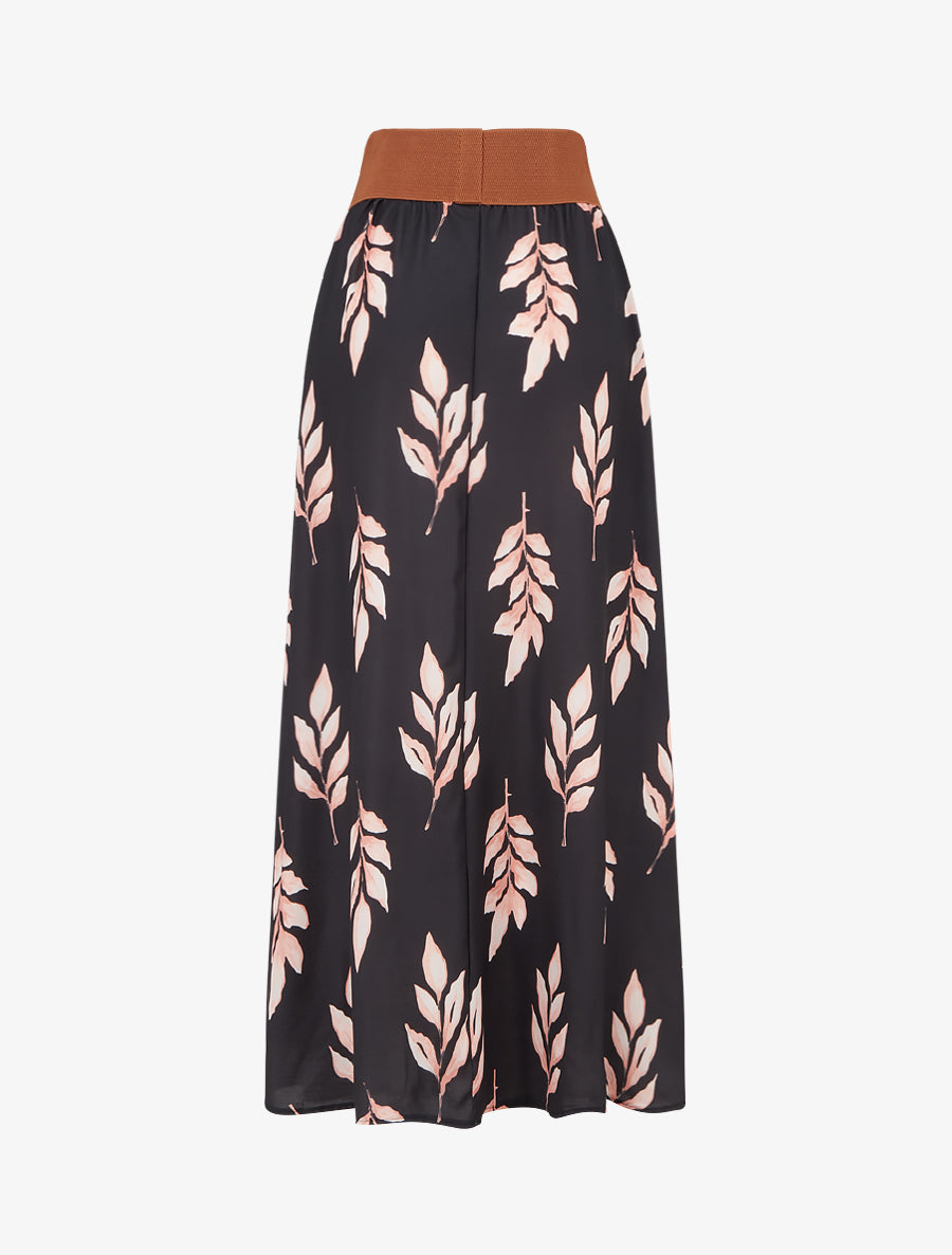 Jupe longue imprimé feuilles - Noir - 2