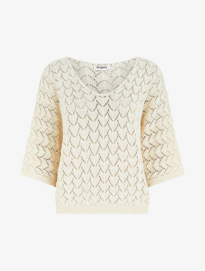 Lochmuster-Pullover mit kurzen Ärmeln - Hellbeige