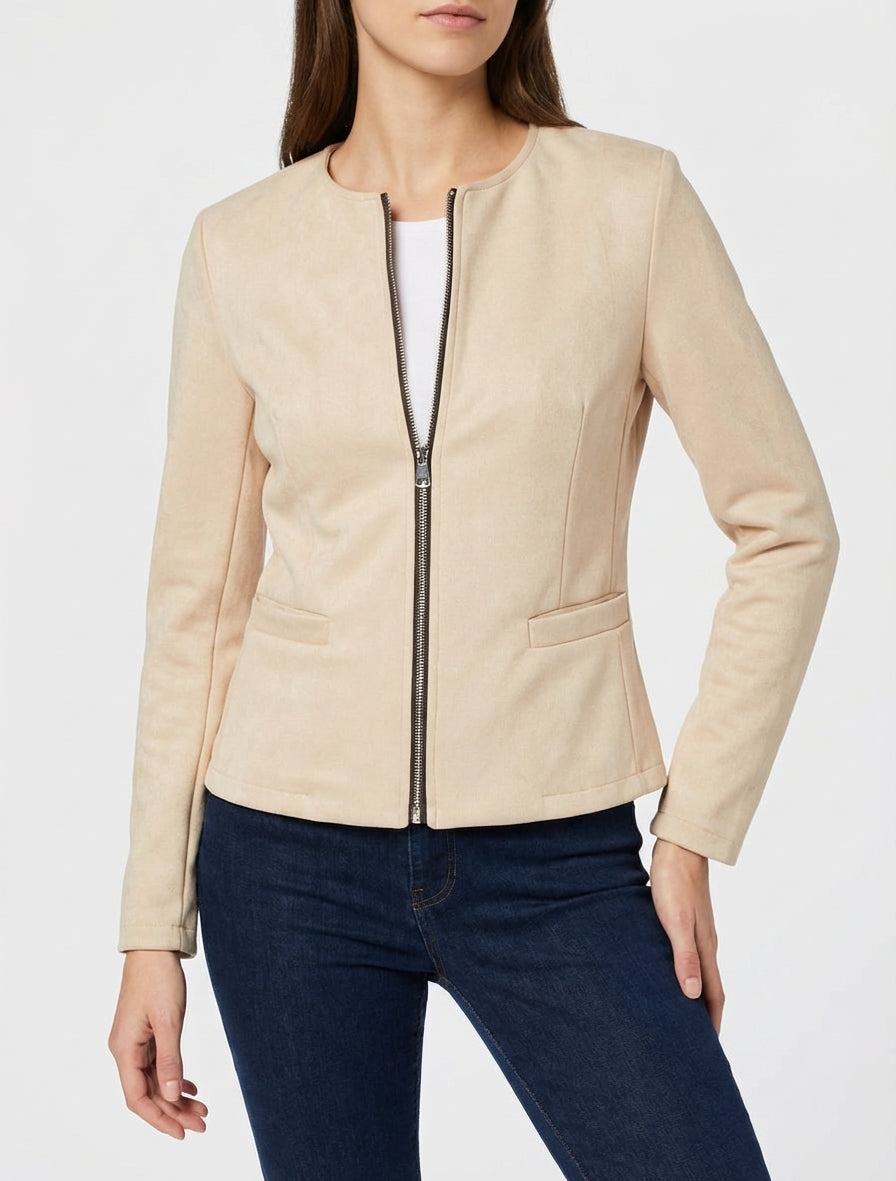 Reißverschlussjacke aus Wildlederimitat - Hellbeige