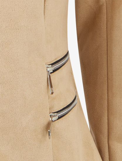 Veste en suédine à poches décoratives zippées - Beige foncé - 3