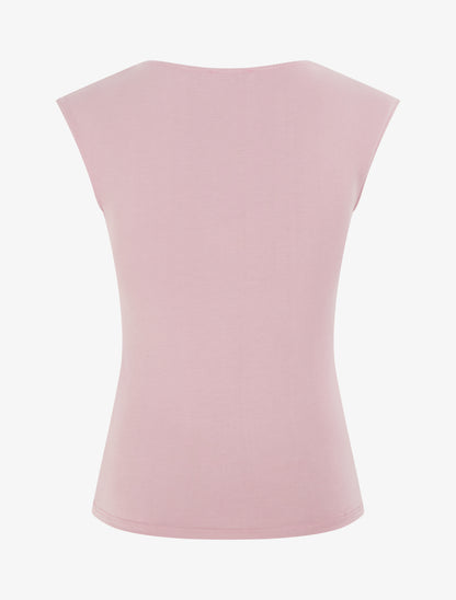 Top uni à col rond et empiècement bijou - Rose - 2