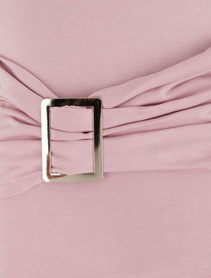 Top uni à col rond et empiècement bijou - Rose - 3