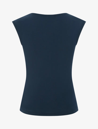Top uni à col rond et empiècement bijou - Marine - 2