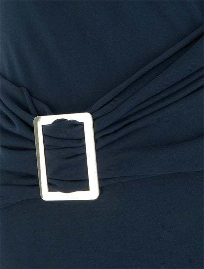 Top uni à col rond et empiècement bijou - Marine - 3