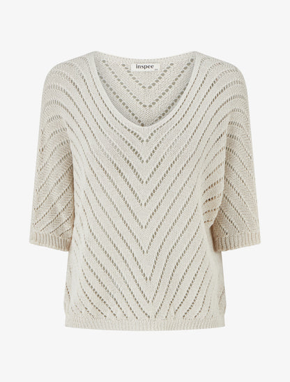 Pull en maille légère à col V - Beige - 1