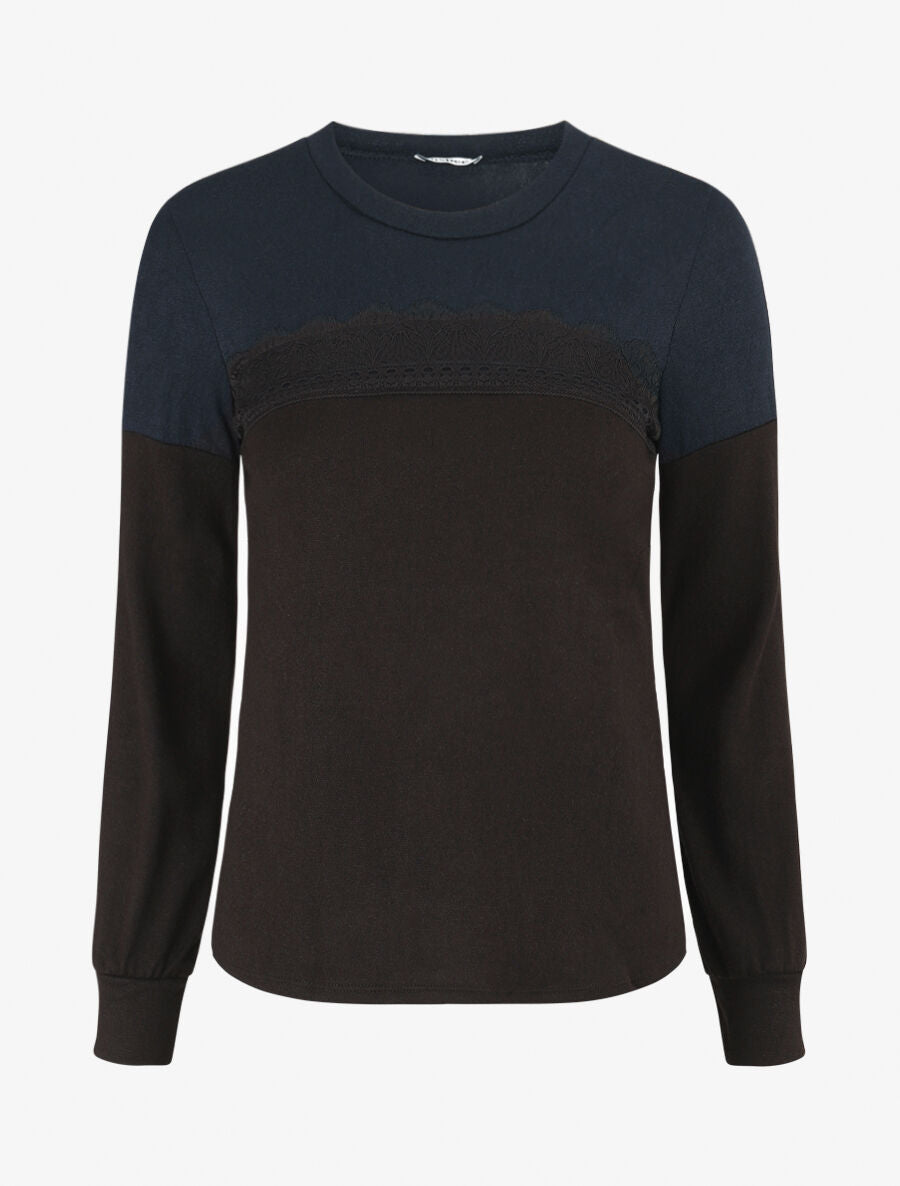 Pull fin et bande en dentelle - Marine - 4