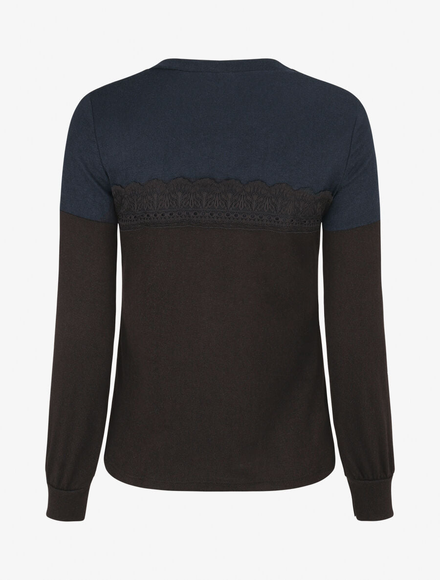 Pull fin et bande en dentelle - Marine - 2