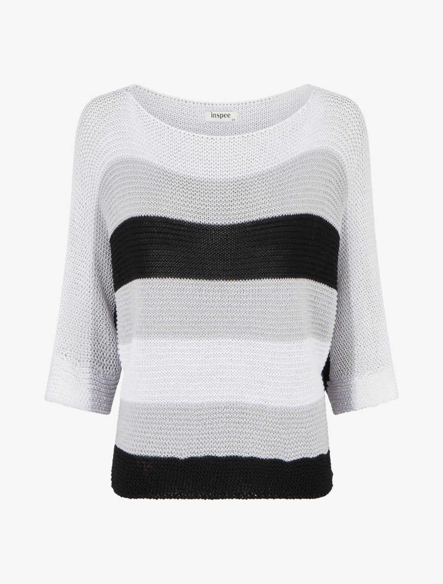 Pull ample à rayures et manches 3/4 - Noir - 1