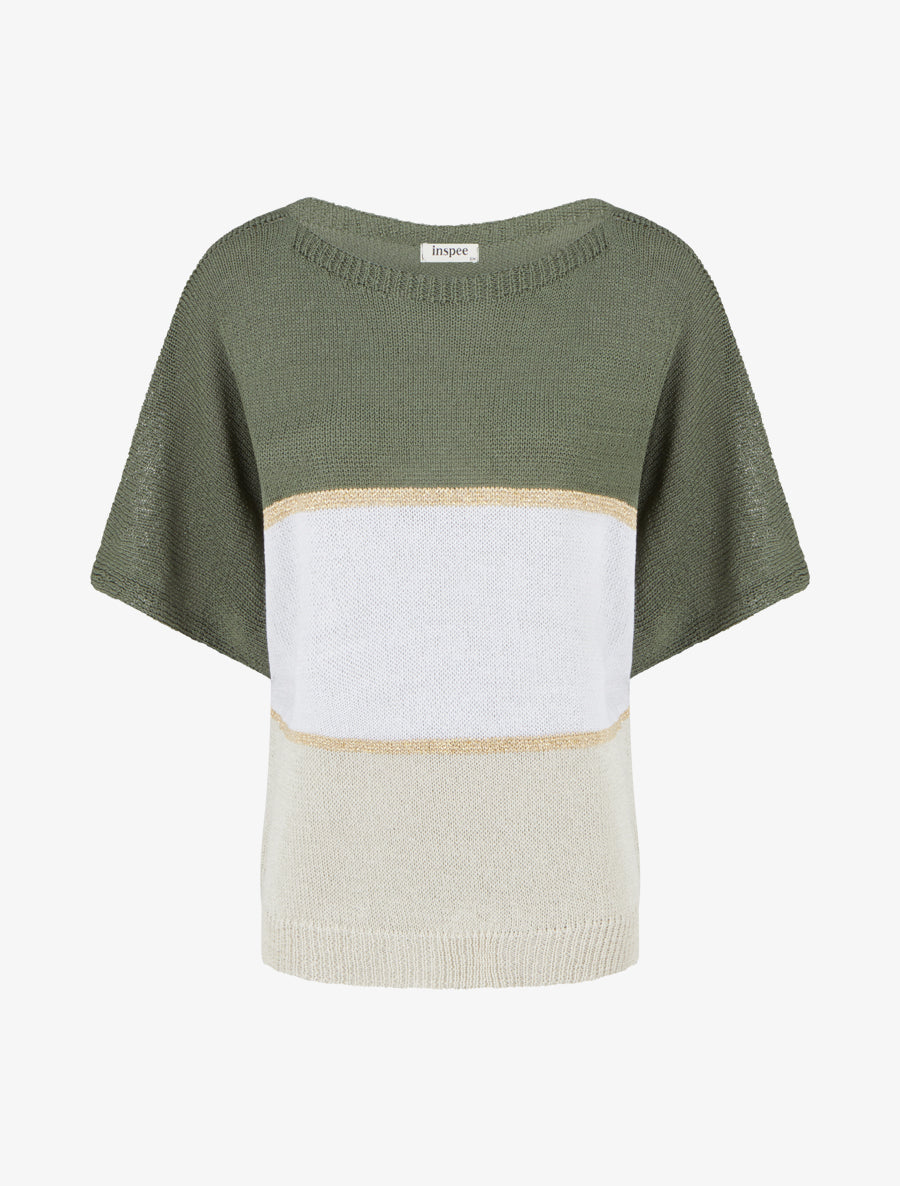 Pull rayé fin à manches courtes - Kaki - 1