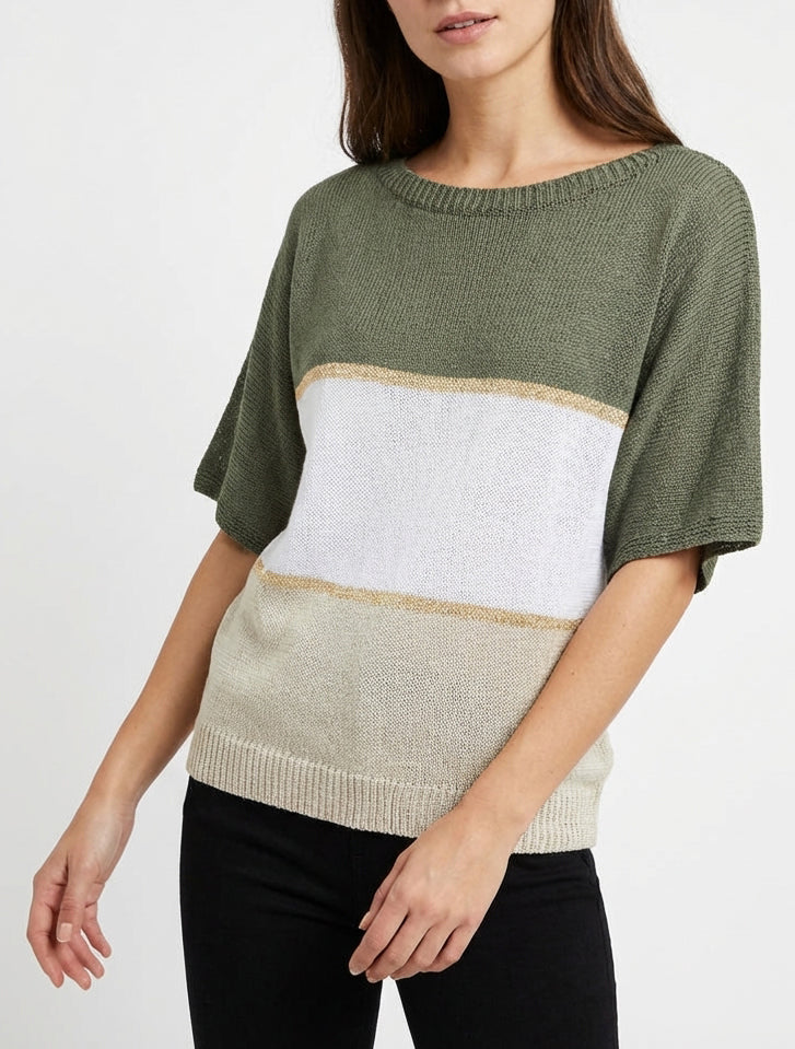 Gestreifter Feinstrickpullover mit kurzen Ärmeln - Kaki