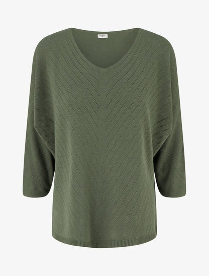 Pull fin uni à lignes ajourées - Kaki - 1