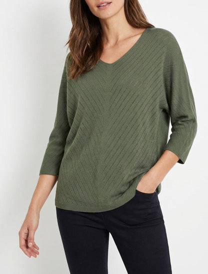 Feiner einfarbiger Pullover mit durchbrochenen Linien - Kaki