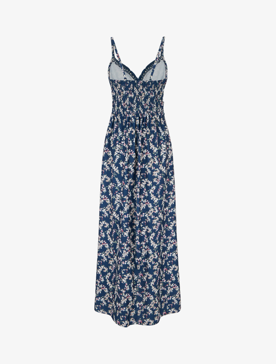 Robe longue fleurie à dos élastiqué - Marine - 2