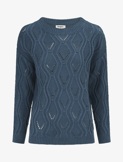 Pull ajouré en maille fantaisie - Bleu charrette - 1