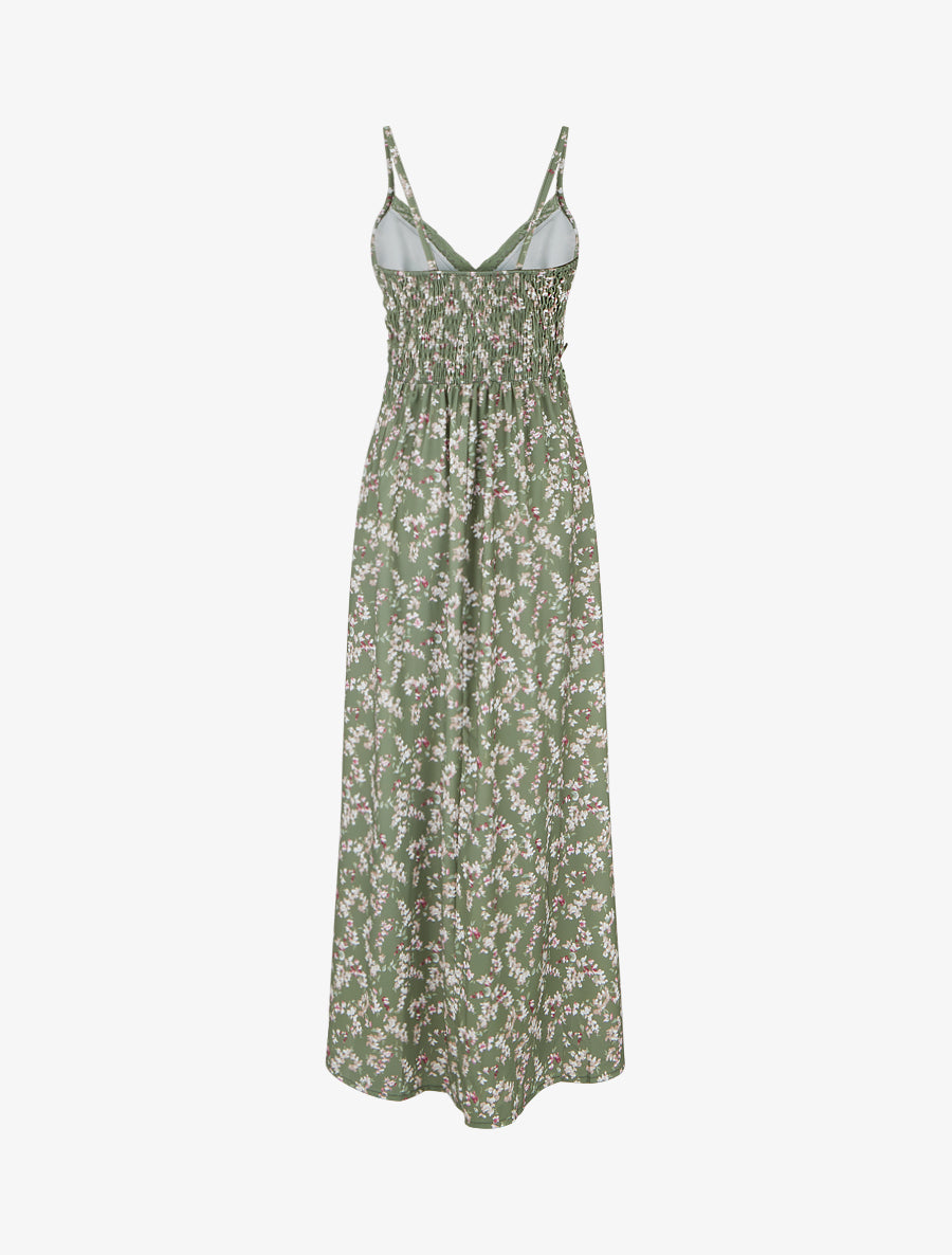 Robe longue fleurie à dos élastiqué - Kaki - 2