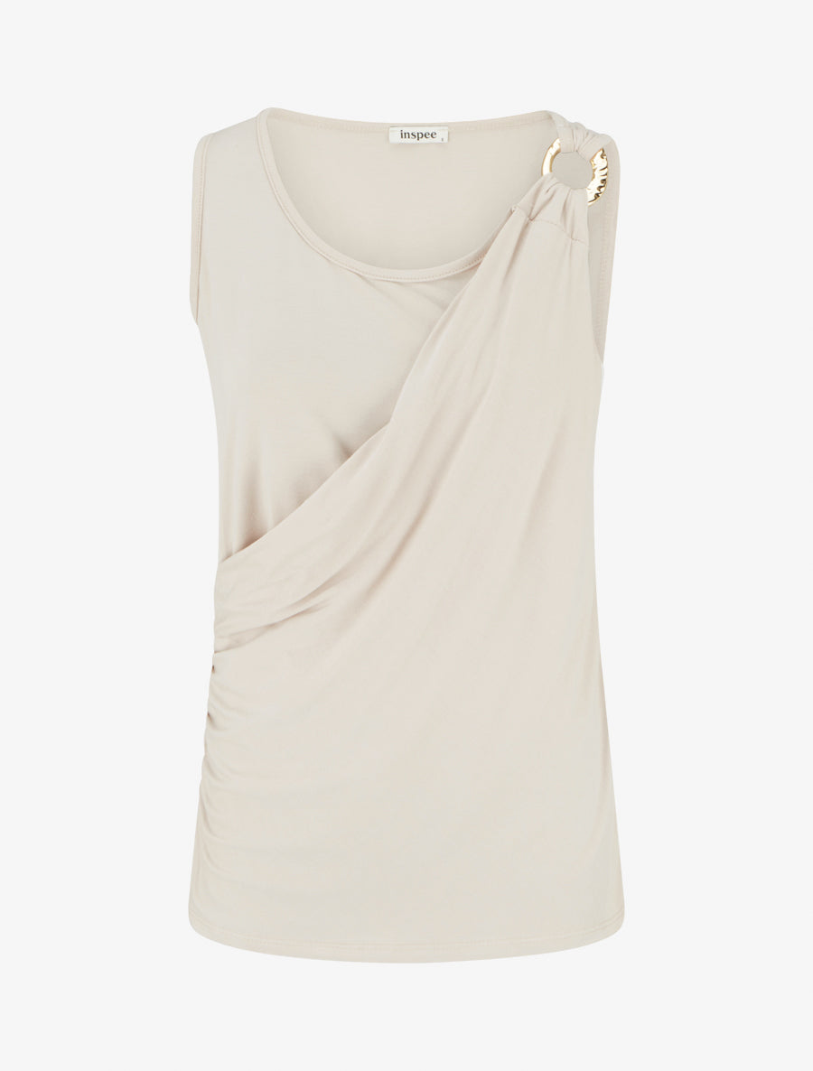 Top sans manches effet drapé à bretelle bijou - Beige - 1