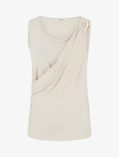Top sans manches effet drapé à bretelle bijou - Beige - 1