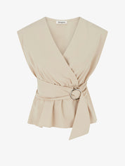 Top élastiqué uni à manches courtes - Beige - 1