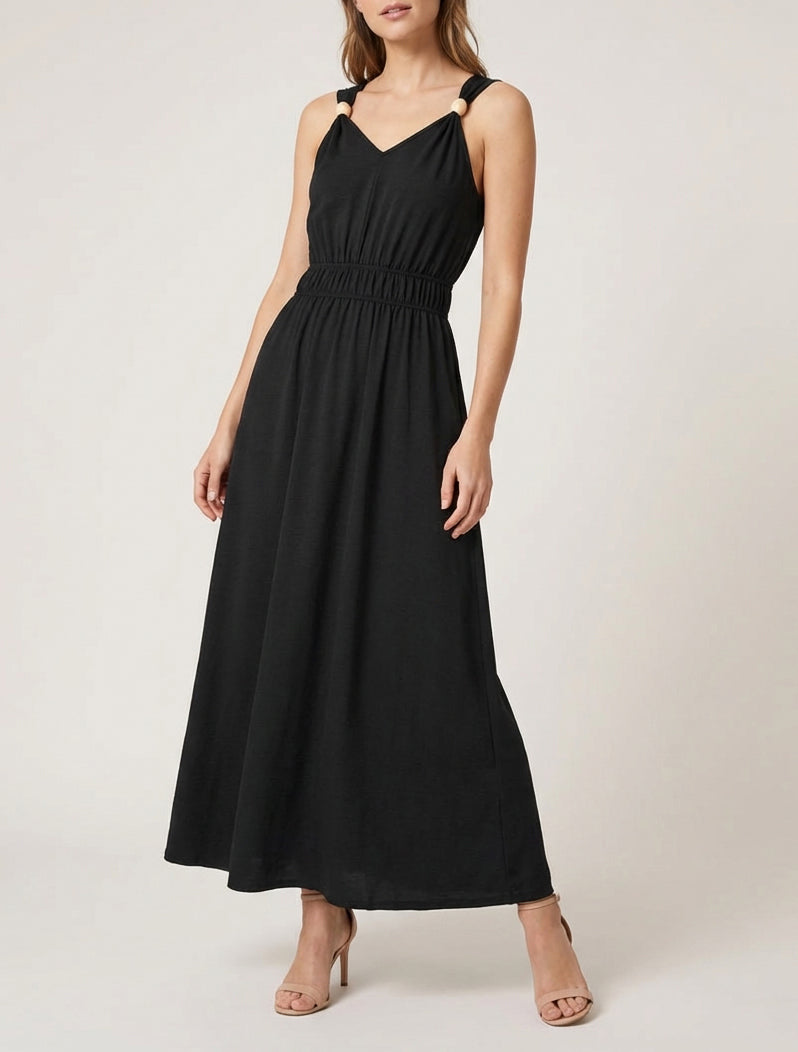 Einfarbiges Kleid mit Holzkugelbesatz - Schwarz