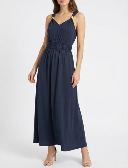 Einfarbiges Kleid mit Holzkugelbesatz - Marine
