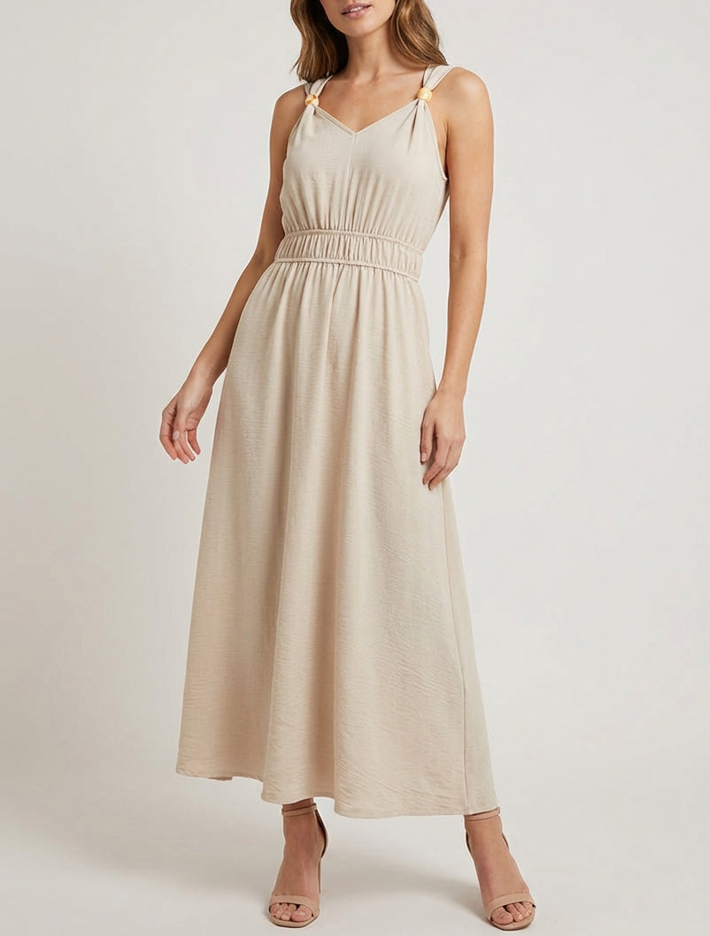 Einfarbiges Kleid mit Holzkugelbesatz - Beige