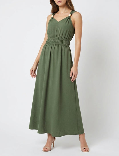 Einfarbiges Kleid mit Holzkugelbesatz - Kaki