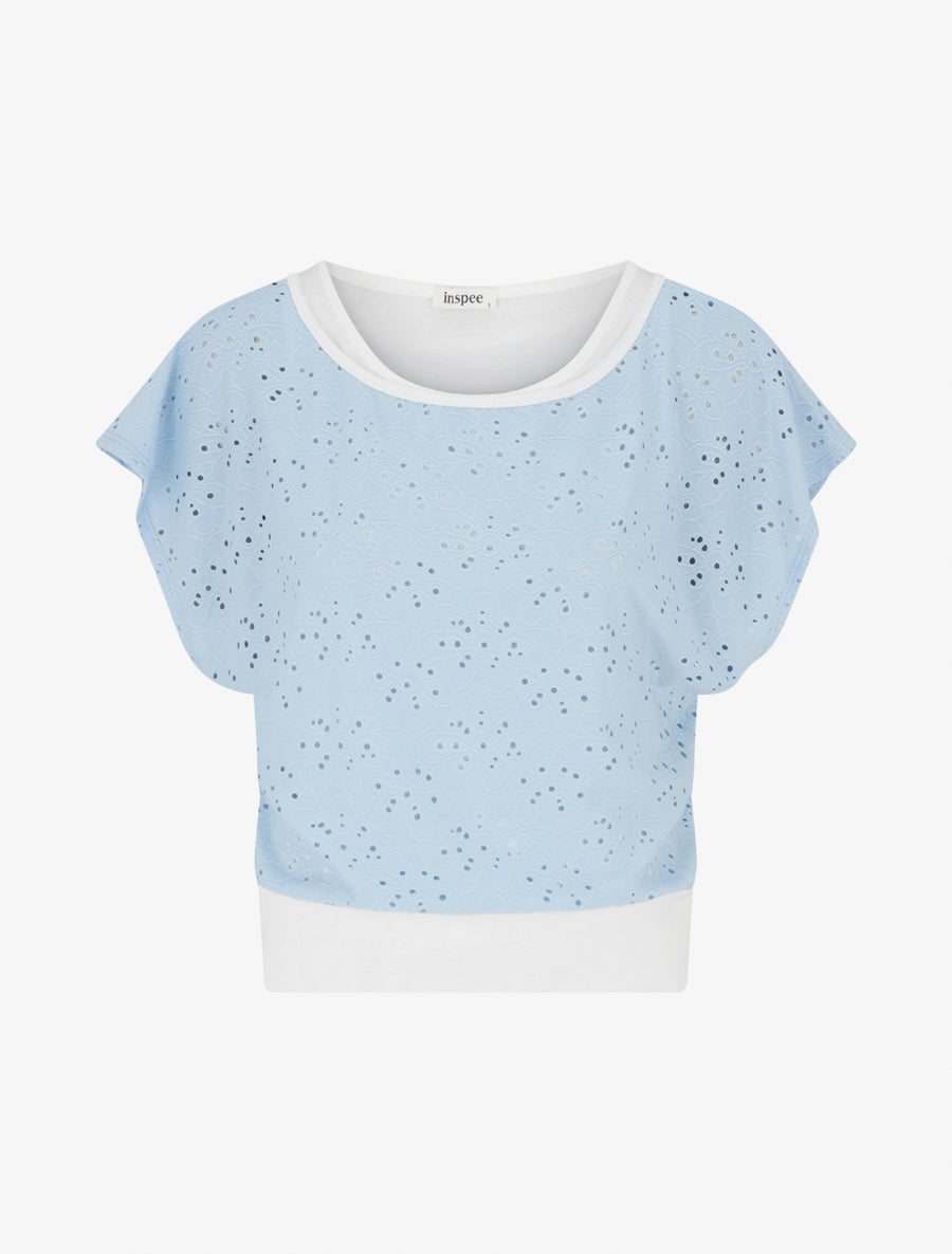 Top uni ajouré à manches courtes - Bleu ciel - 1