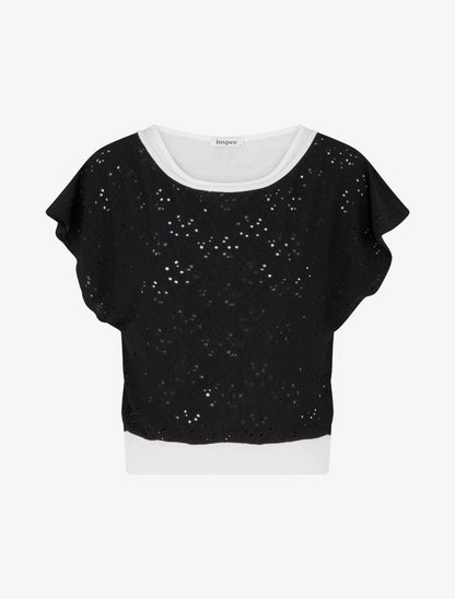 Top uni ajouré à manches courtes - Noir - 1