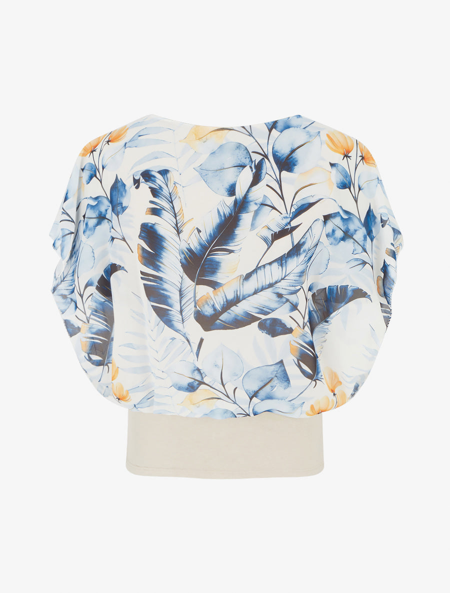 Top imprimé feuilles à manches volantées - Bleu - 2